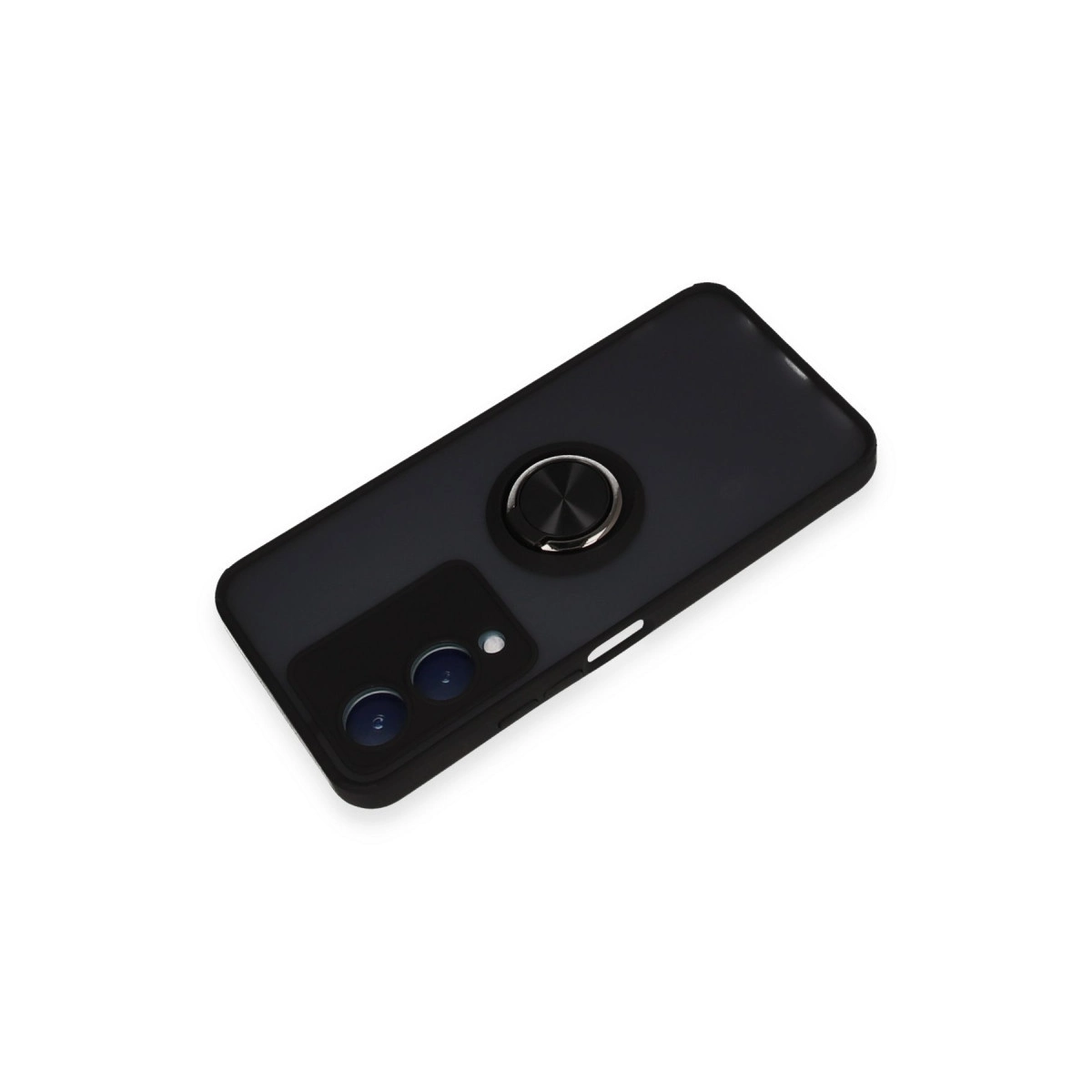 Halka tutuculu siyah telefon kılıfı, beyaz zeminde duruyor.