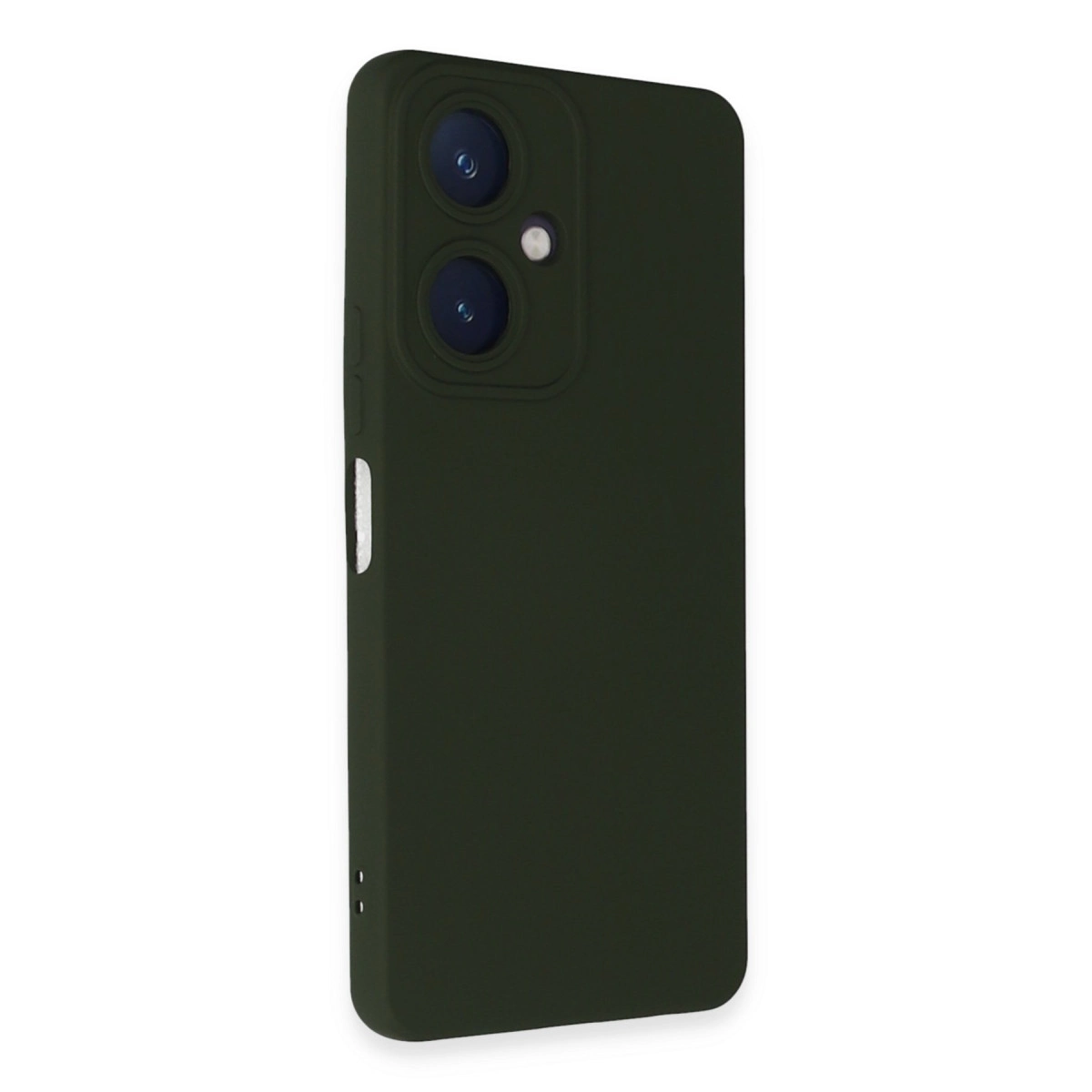 Arkada iki kamera ve flaşlı koyu yeşil telefon kılıfı.