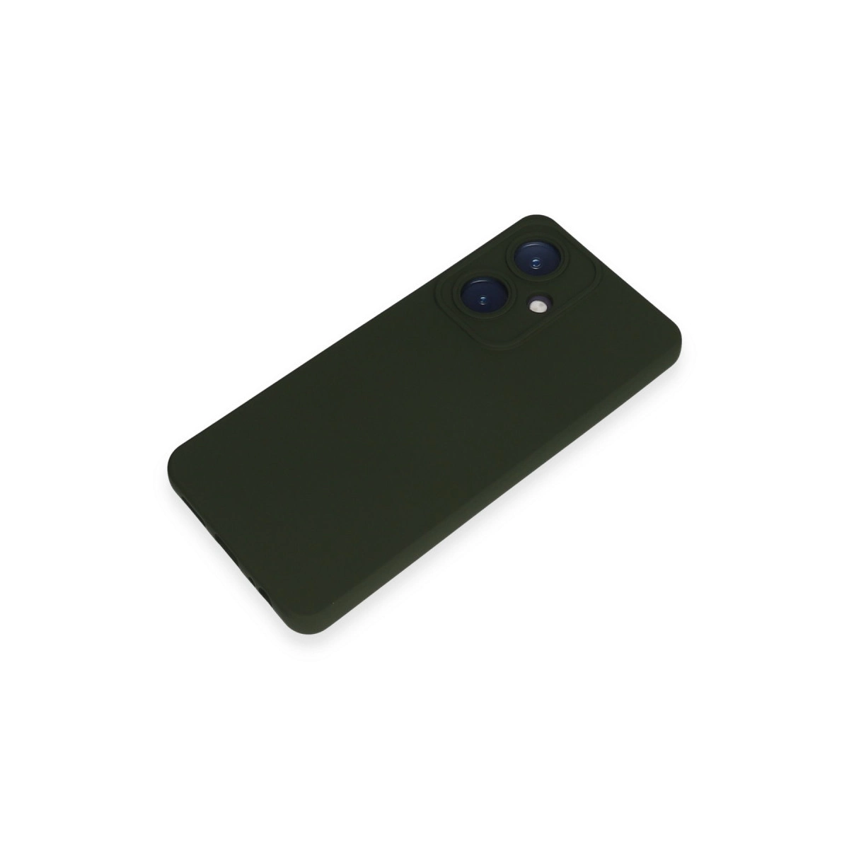Üçlü kamera oyuntulu koyu yeşil telefon kılıfı, beyaz arka plan üzerinde.