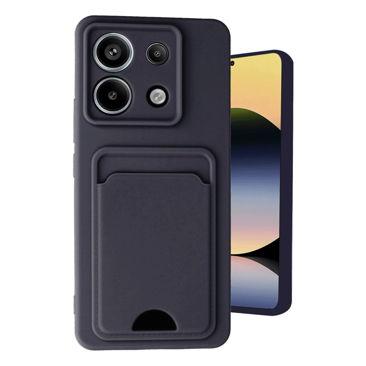 Koyu gri telefon kılıfı, kart tutucu ve dört kamera lensi.