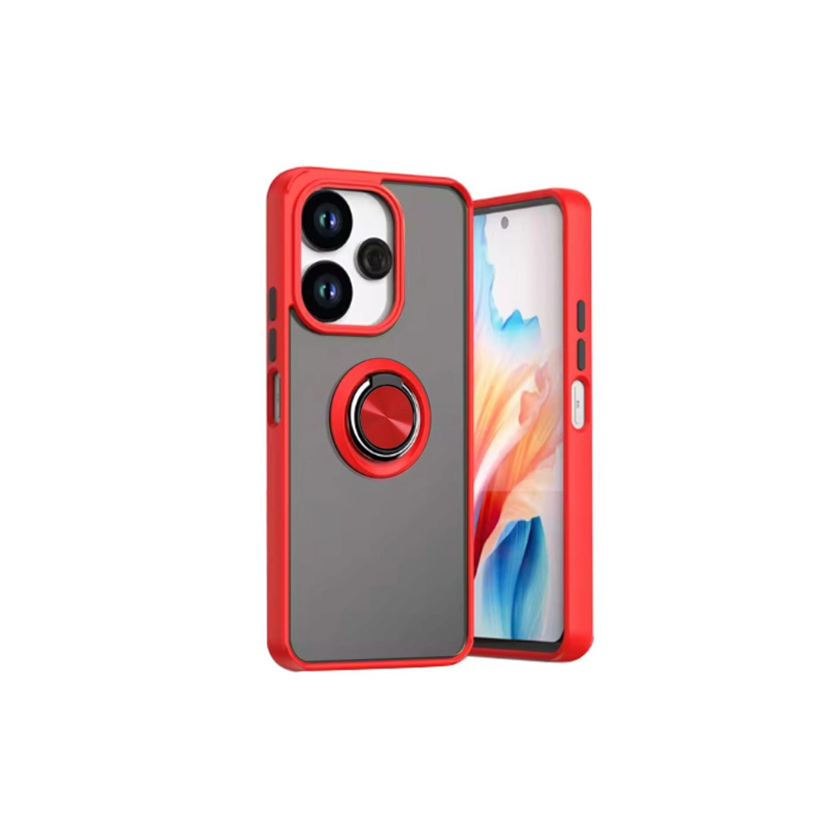 Halka tutuculu kırmızı ve gri telefon kılıfı, kamera lenslerini gösterir.