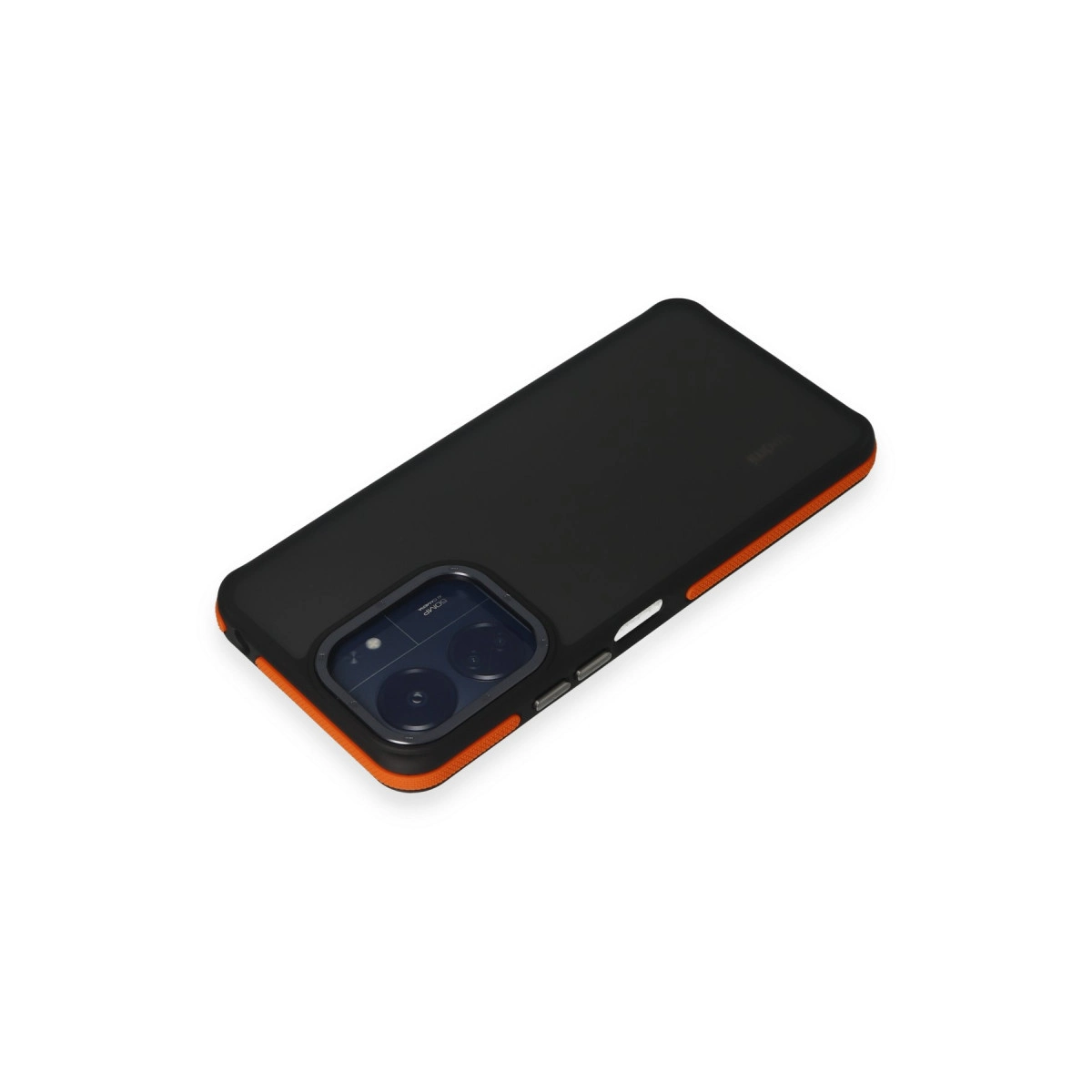 Turuncu kenarlı ve kamera kesimli siyah telefon kılıfı.