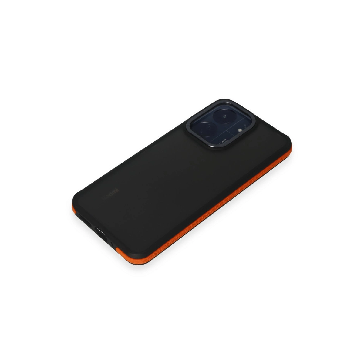 Turuncu kenarlı ve belirgin kamera modülüne sahip siyah akıllı telefon.