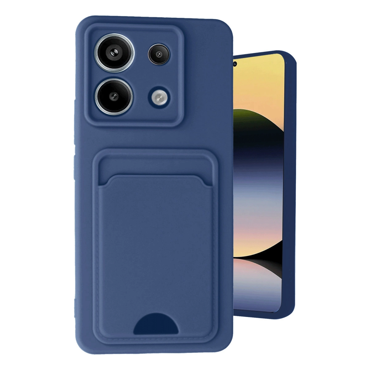 Koyu mavi telefon kılıfı, kart yuvası ve kamerası beyaz arka planda.