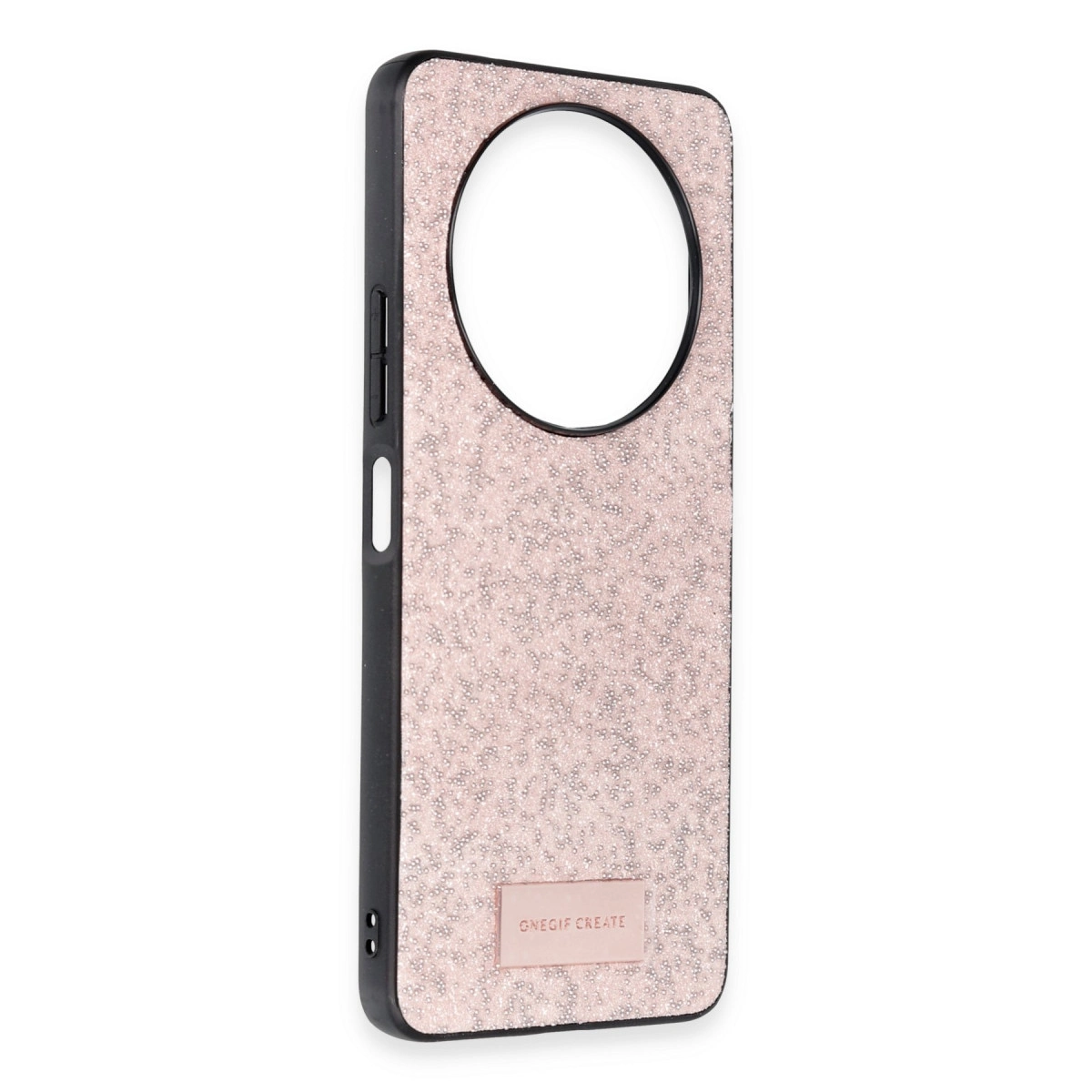 Büyük dairesel kesimli, pembe simli telefon kılıfı.
