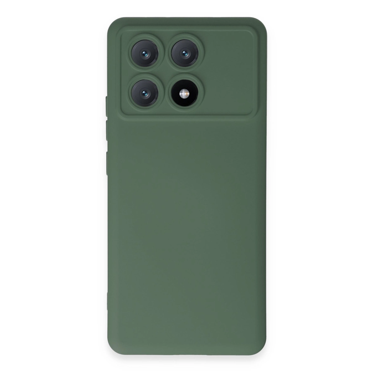 Üstte dikdörtgen kamera modülüne sahip koyu yeşil telefon kılıfı.