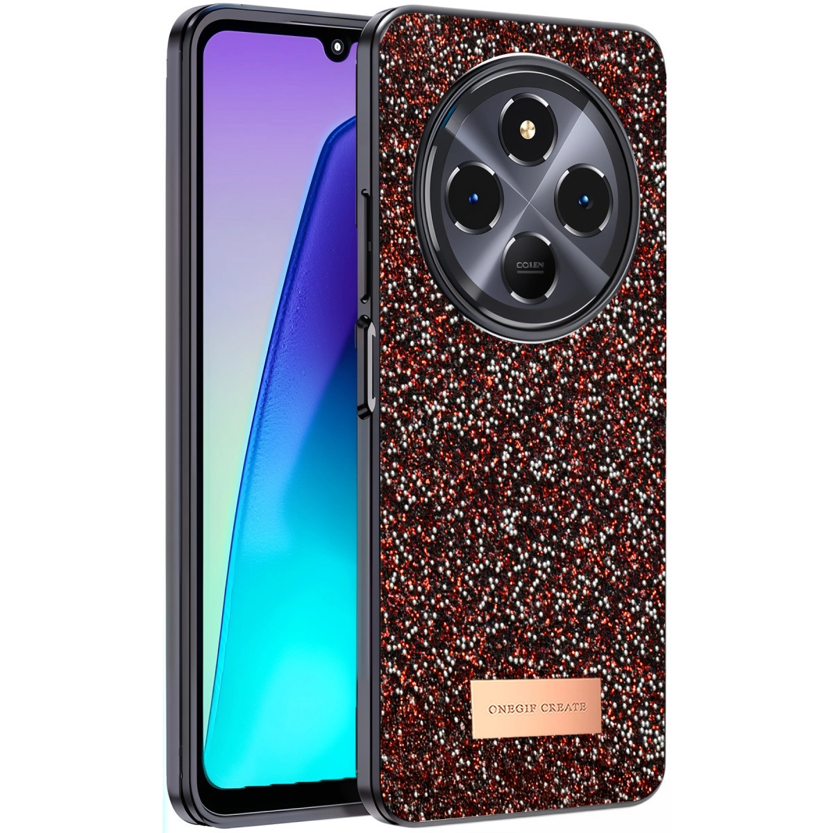 Dört kameralı, mavi ekranlı, ışıltılı kırmızı telefon.
