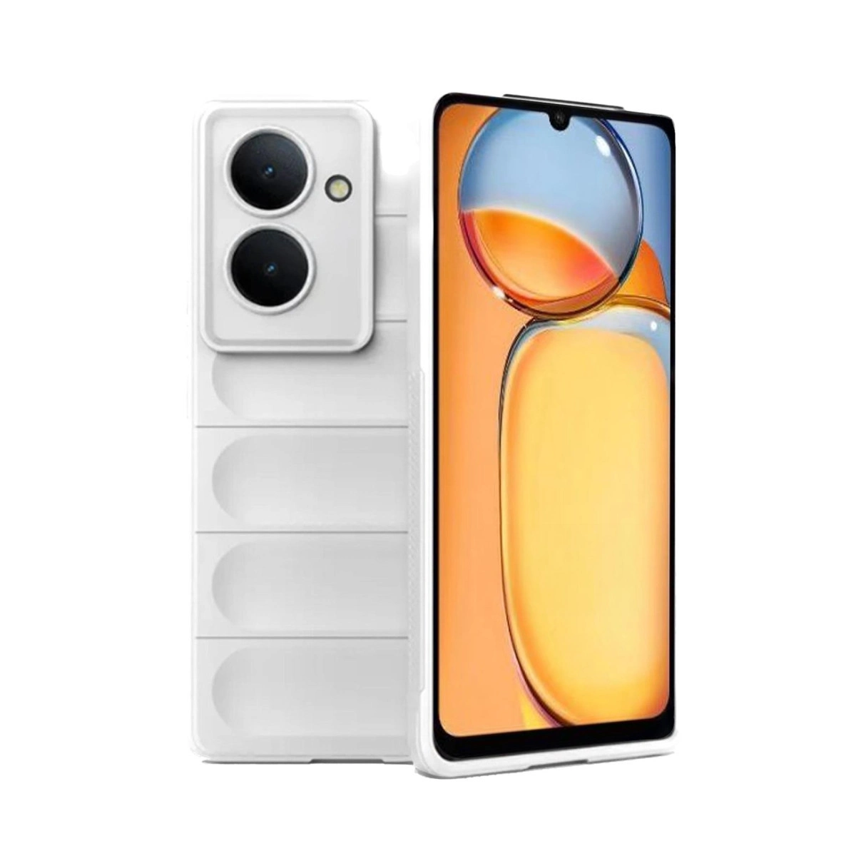 Dokulu arka yüzü ve kamera kesikleri olan beyaz bir akıllı telefon kılıfı, yanında renkli ekranlı siyah bir akıllı telefon.