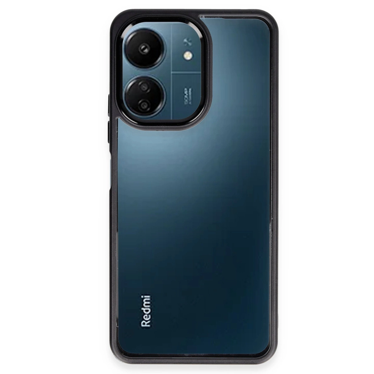 Arkada iki kamerası olan siyah bir telefon. Altta Redmi logosu bulunur.