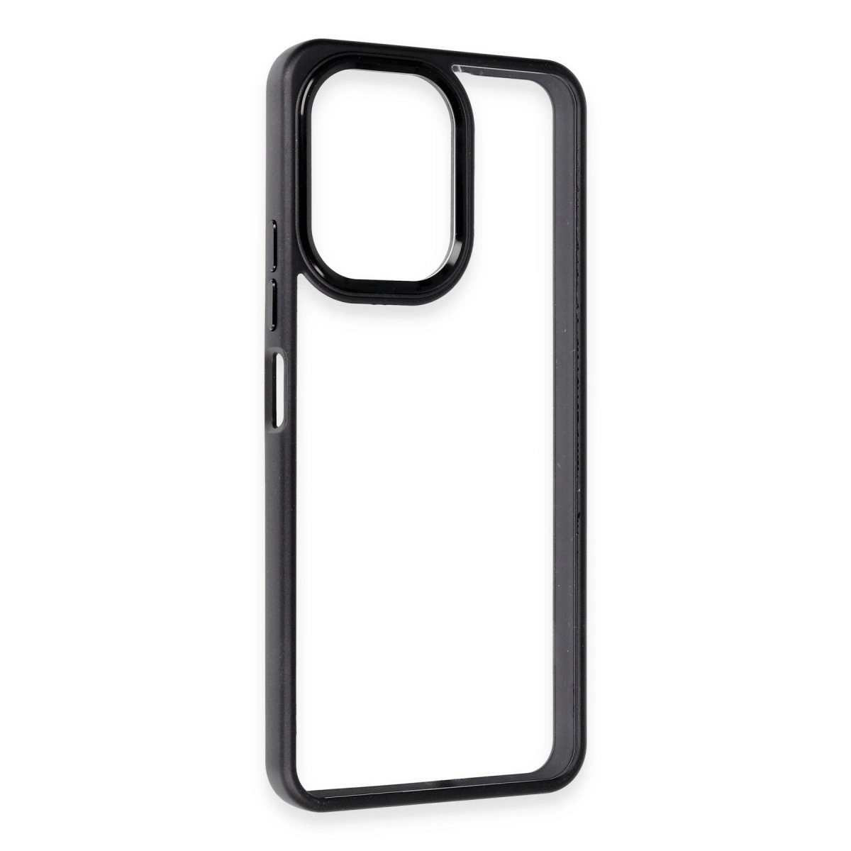Şeffaf orta bölümü olan siyah iPhone kılıfı. Sol üstte kamera boşluğu.
