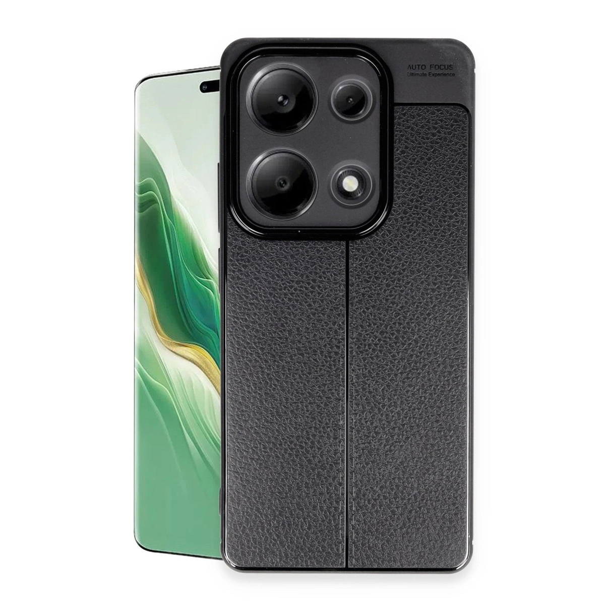 Doku derili kılıflı ve kamera adacıklı siyah telefon.