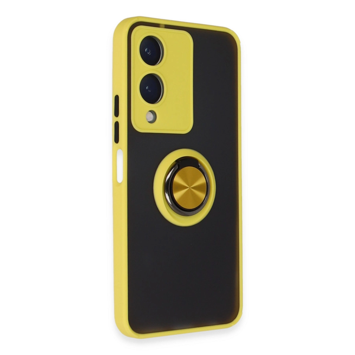 Sarı çerçeveli, kamera vurgulu, halka tutuculu siyah telefon kılıfı.
