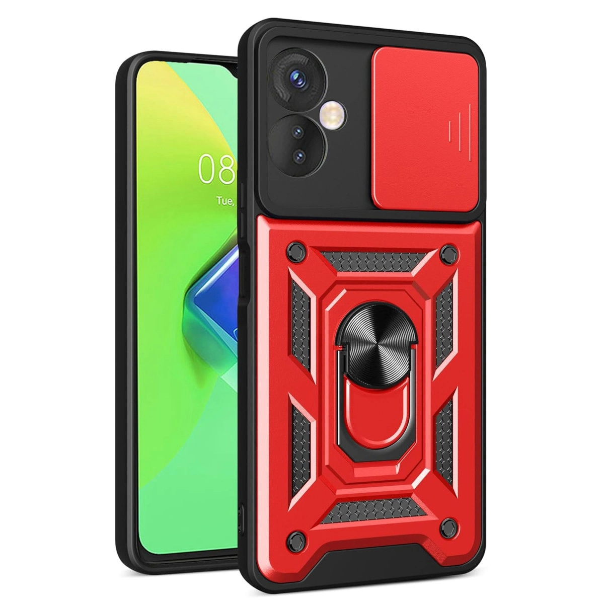 NEWFACE İnfinix Hot 30 4G Uyumlu Pars Lens Yüzüklü Silikon Telefon Kılıfı Kırmızı