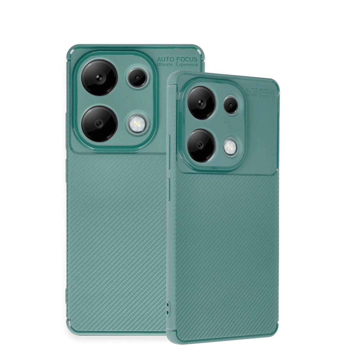Kamera çıkıntılı ve karbon fiber dokulu iki yeşil telefon kılıfı.