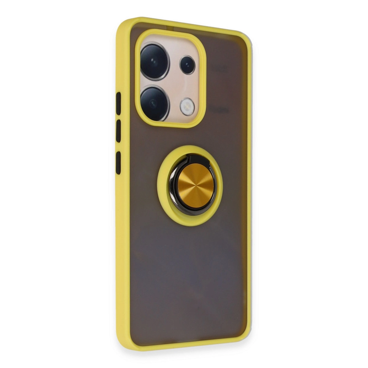 Siyah halka tutuculu ve kamera modüllü sarı telefon kılıfı.