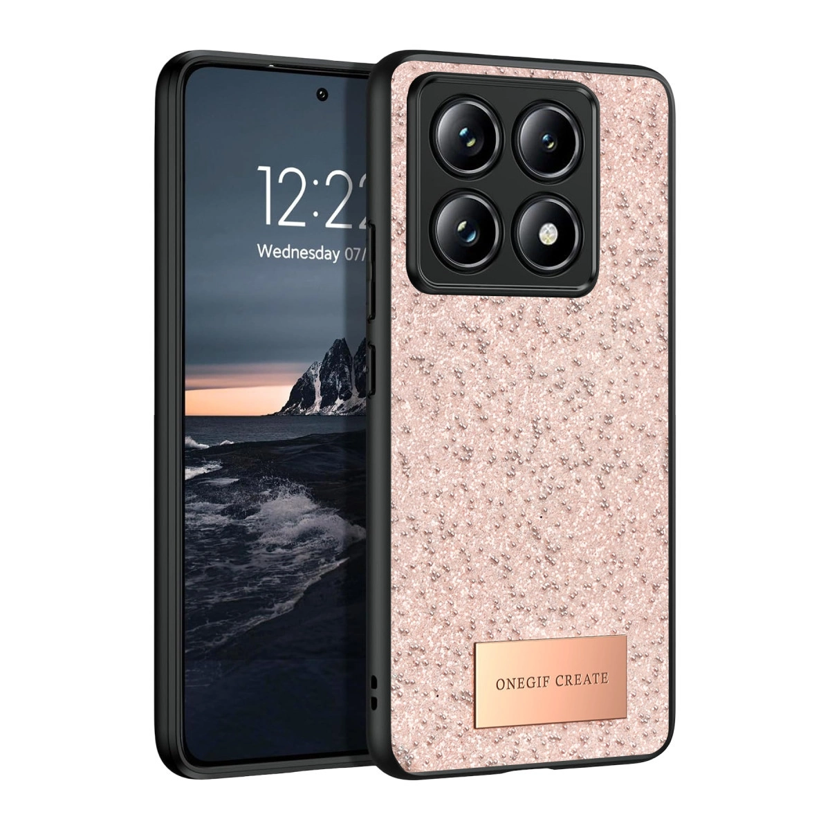 Dört kameralı, simli kılıflı, rose gold bir telefon.
