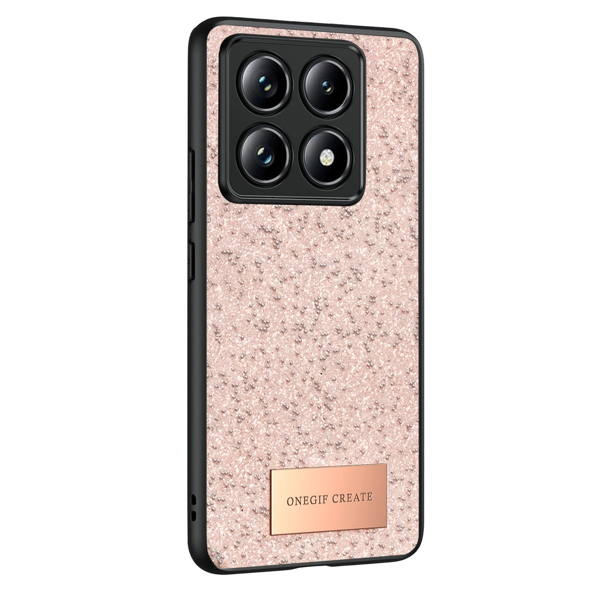Dört kameralı, rose gold plakalı, pembe simli telefon kılıfı.