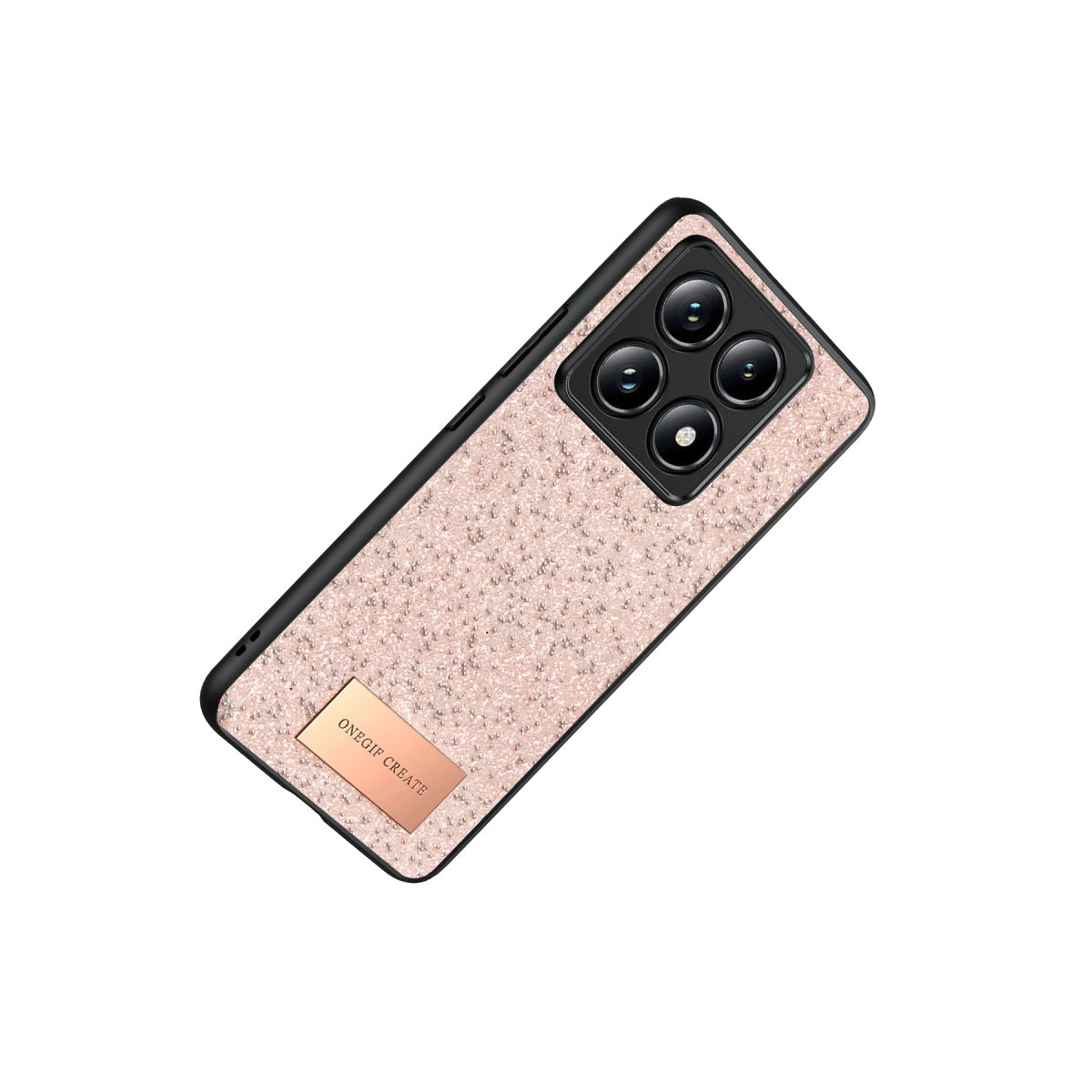 Simli rose altın telefon kılıfı, siyah kamera çıkıntısı ve metal logo plakası.