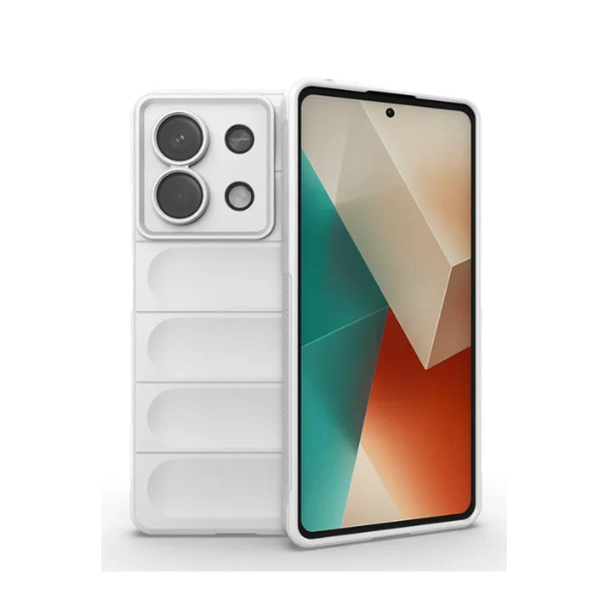 Dört kameralı beyaz akıllı telefon ve desenli ekran.
