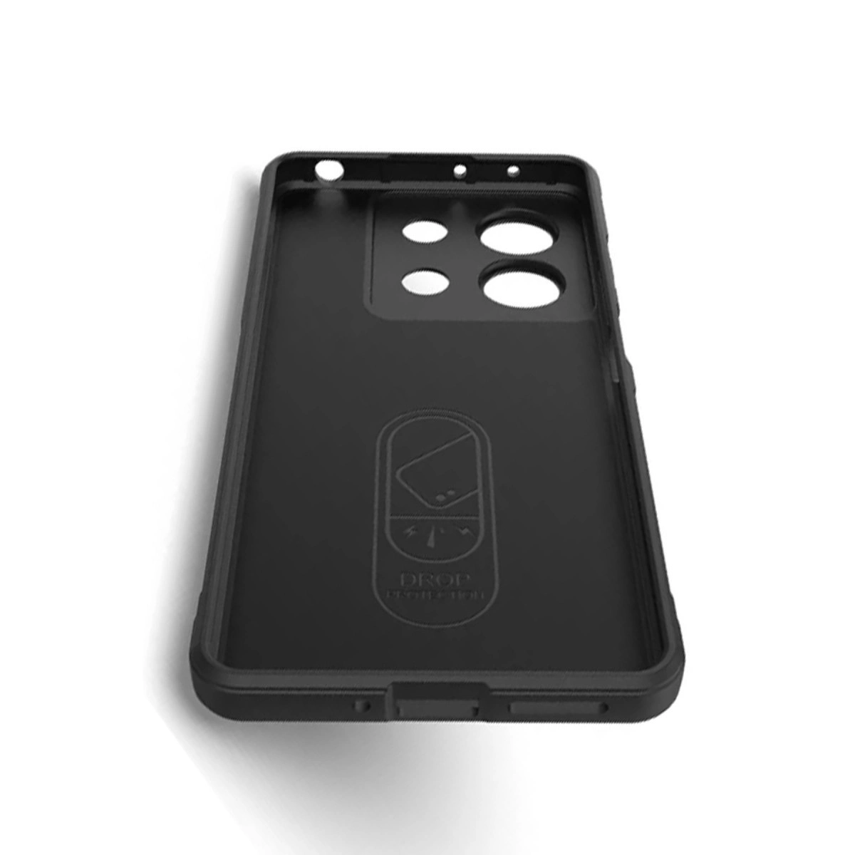 Siyah telefon kılıfı içi, kamera ve düğme kesikleri görünüyor.