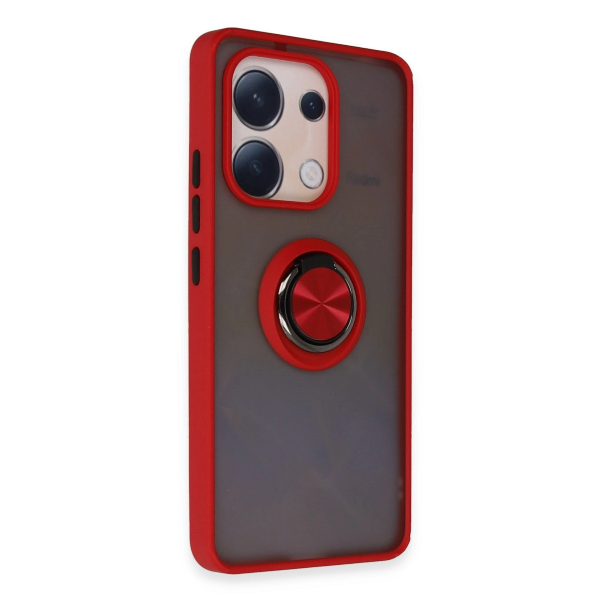 Şeffaf arka ve yerleşik halka tutuculu kırmızı telefon kılıfı.