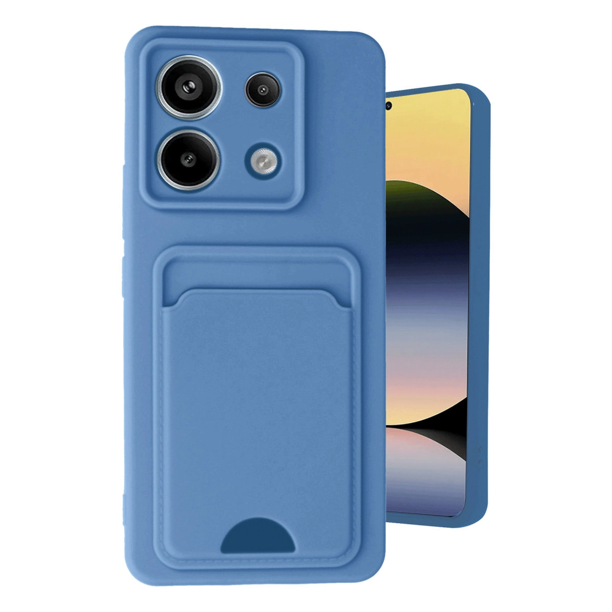 Kart yuvalı ve kamera kesimli mavi telefon kılıfı.
