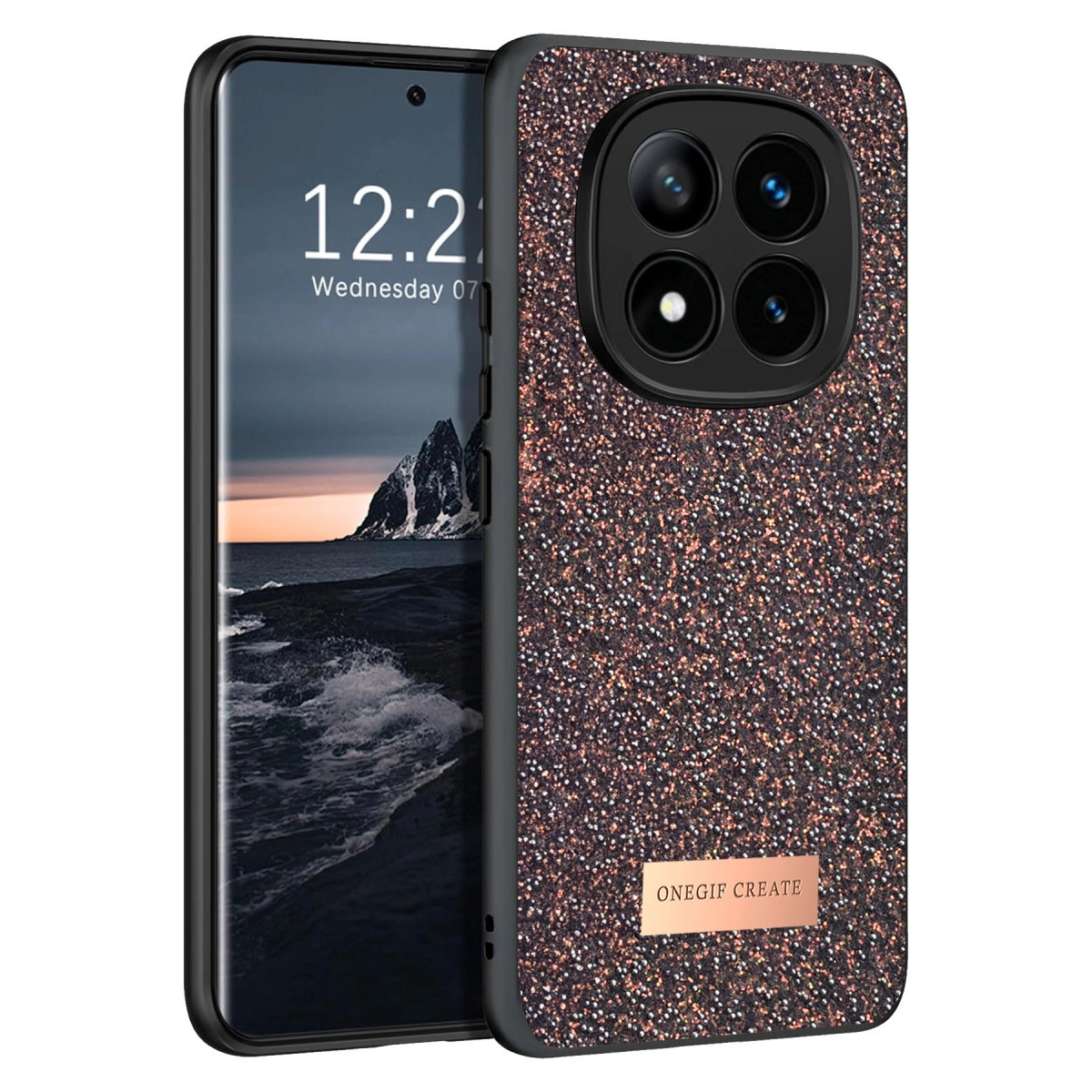 Kamera modüllü simli kılıflı bir telefon. Ekran bir manzara gösteriyor.