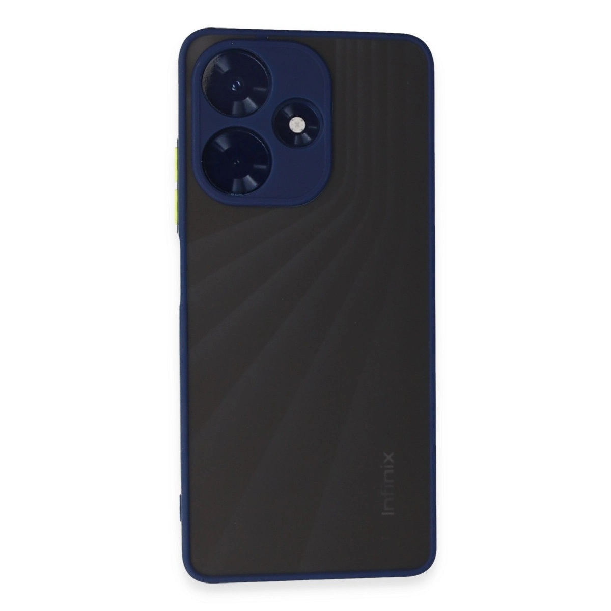 Mavi çerçeveli ve üçlü kameralı siyah telefon. Arka yüzey desenlidir.