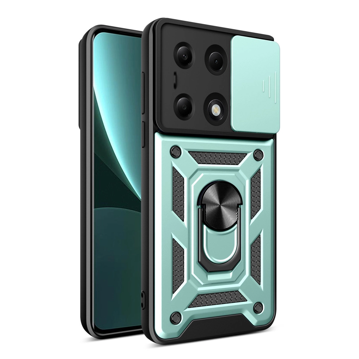 Mint yeşili telefon kılıfı, siyah kamera yuvası ve halka tutucu.