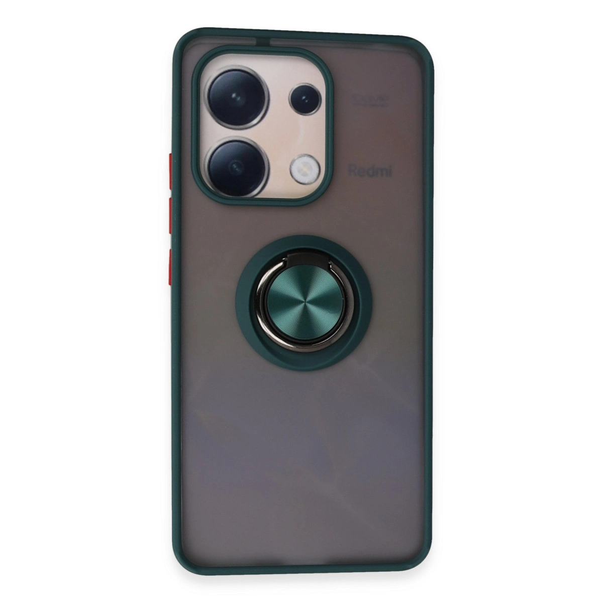 Kamera modülü ve halka tutuculu koyu renk telefon kılıfının arkası.