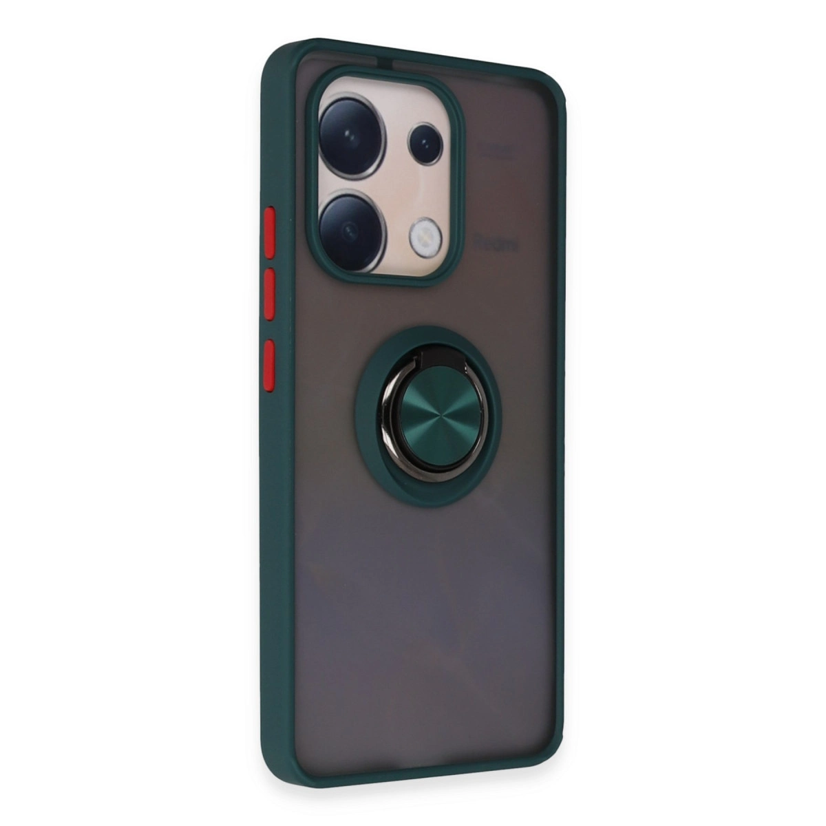 Halka tutuculu ve üç lensli koyu yeşil telefon kılıfı.
