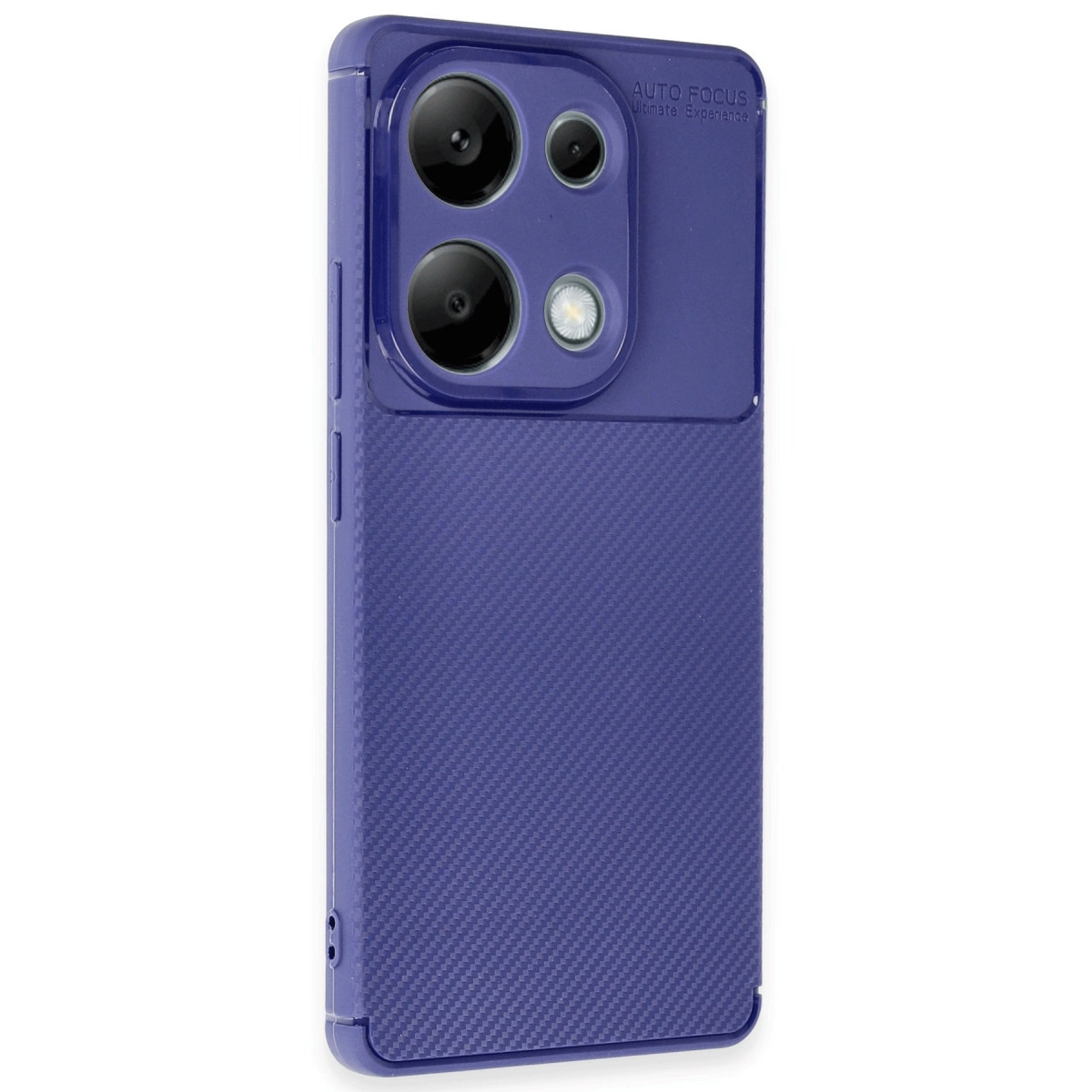 Üç lensli kamera çıkıntılı, karbon fiber dokulu mavi telefon kılıfı.