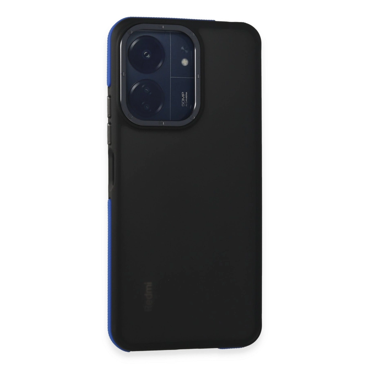Mavi vurgulu, kamera modüllü siyah telefon kılıfı.