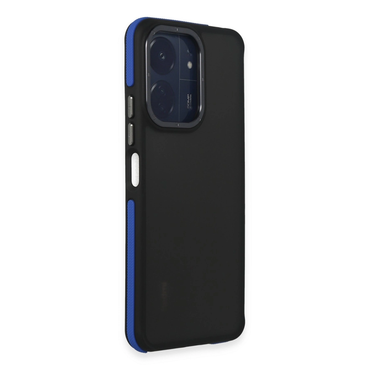 Mavi vurgulu siyah telefon kılıfı ve kamera modülü