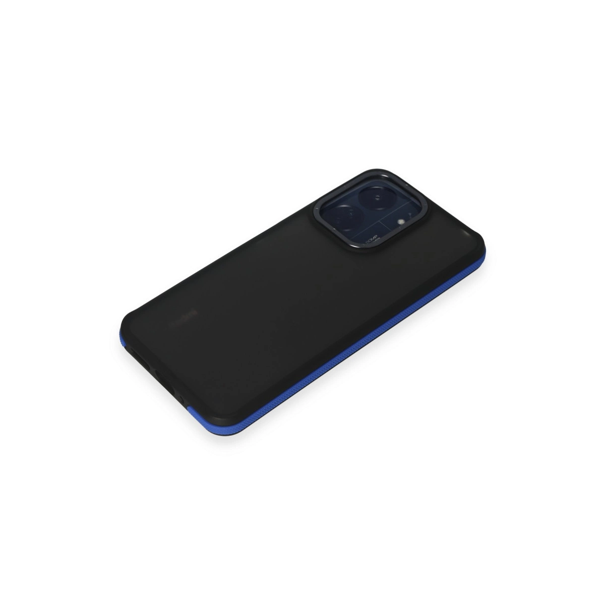 Mavi kenarlı ve kamera modüllü siyah telefon.