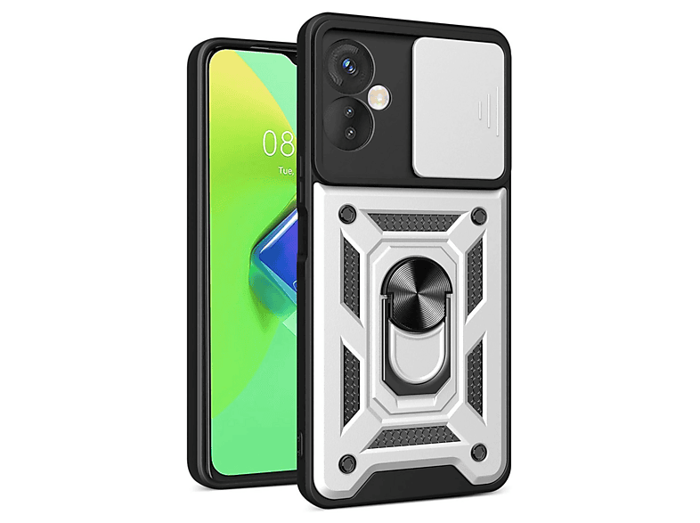 NEWFACE İnfinix Hot 30 4G Uyumlu Pars Lens Yüzüklü Silikon Telefon Kılıfı Gümüş