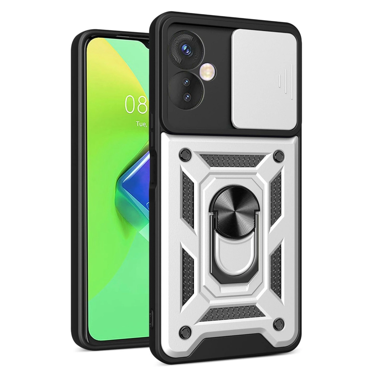 NEWFACE İnfinix Hot 30 4G Uyumlu Pars Lens Yüzüklü Silikon Telefon Kılıfı Gümüş