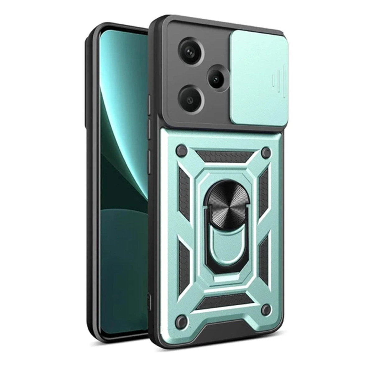 Siyah kamera kapağı ve halka tutuculu nane yeşili telefon kılıfı.
