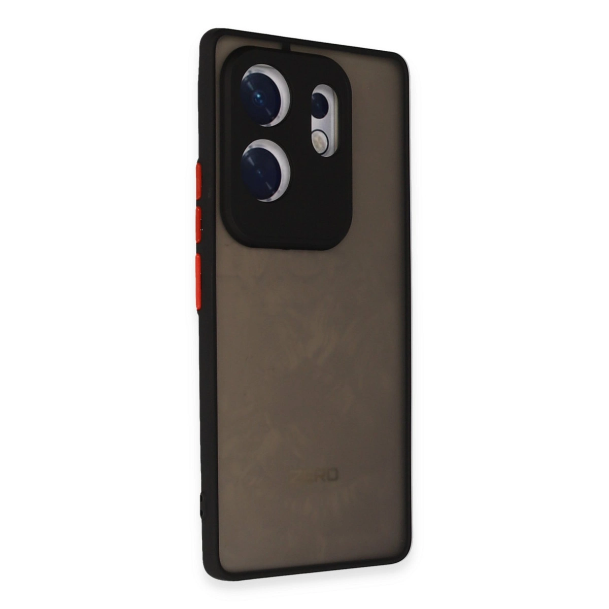 Üç kamera lensli ve yanlarda kırmızı vurgulara sahip siyah telefon kılıfı.