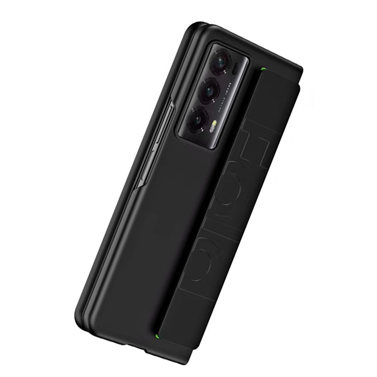 Yan tarafında logo ve üç kamerası olan siyah akıllı telefon.