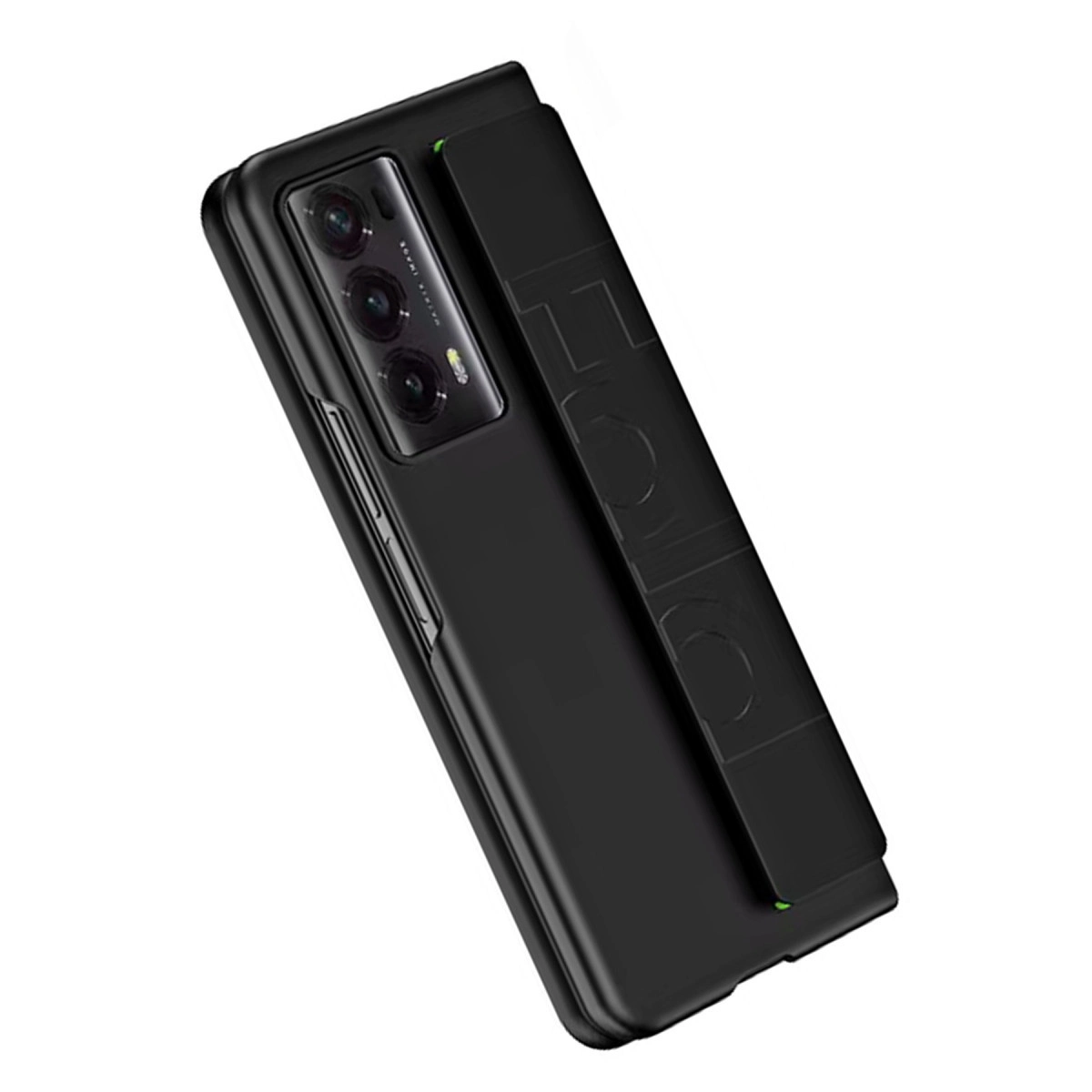 Arkada üçlü kamerası ve kabartmalı logosu bulunan siyah akıllı telefon.