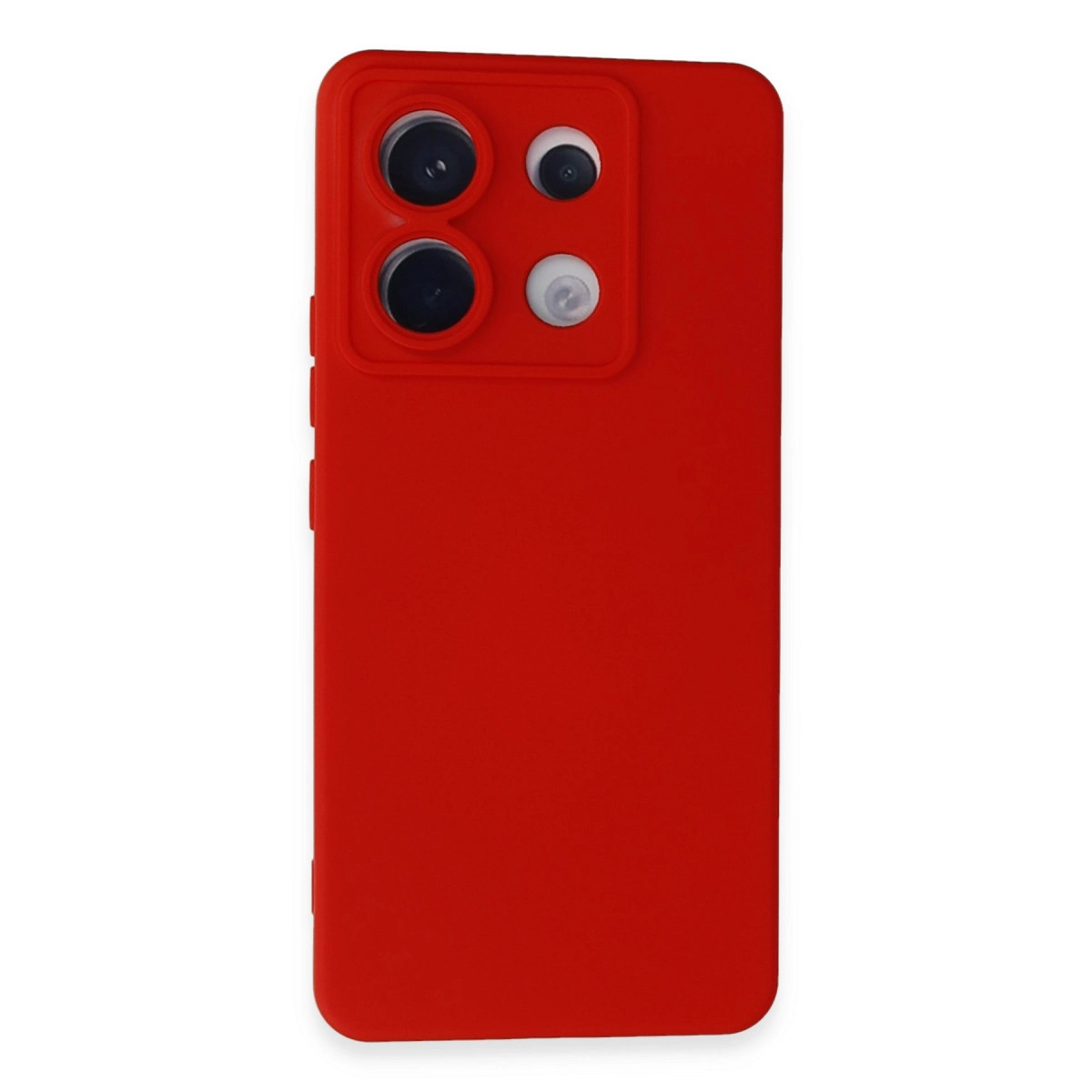 Dört kamera lensi ve flaşlı kırmızı telefon kılıfı.