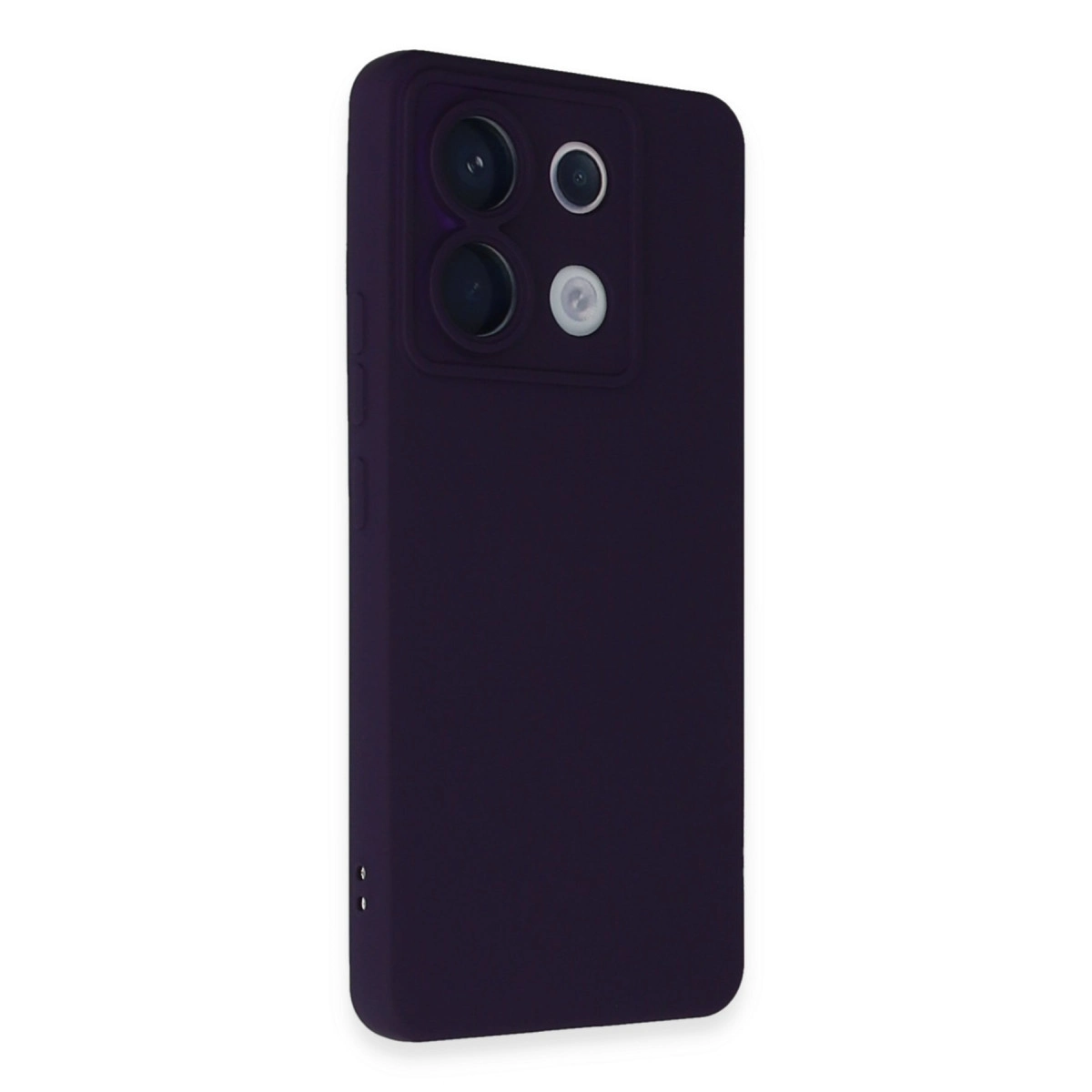 Kamera oyuntulu ve flaşlı koyu mor telefon kılıfı, beyaz arka plan üzerinde.
