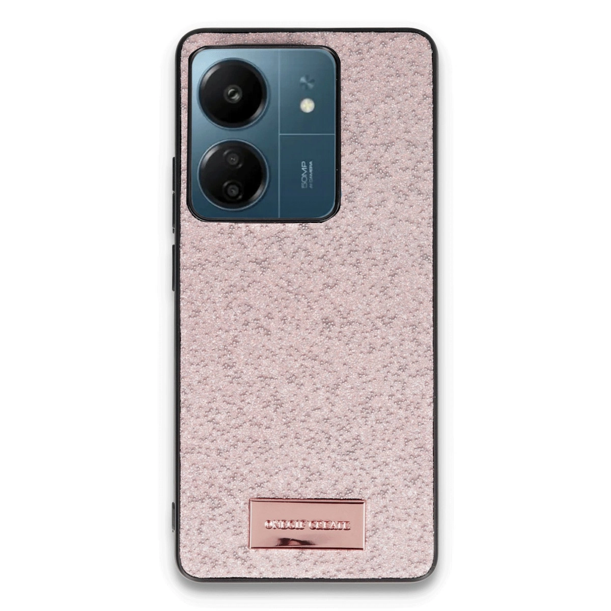 Simli kaplamalı ve kamera modüllü pembe bir telefon.