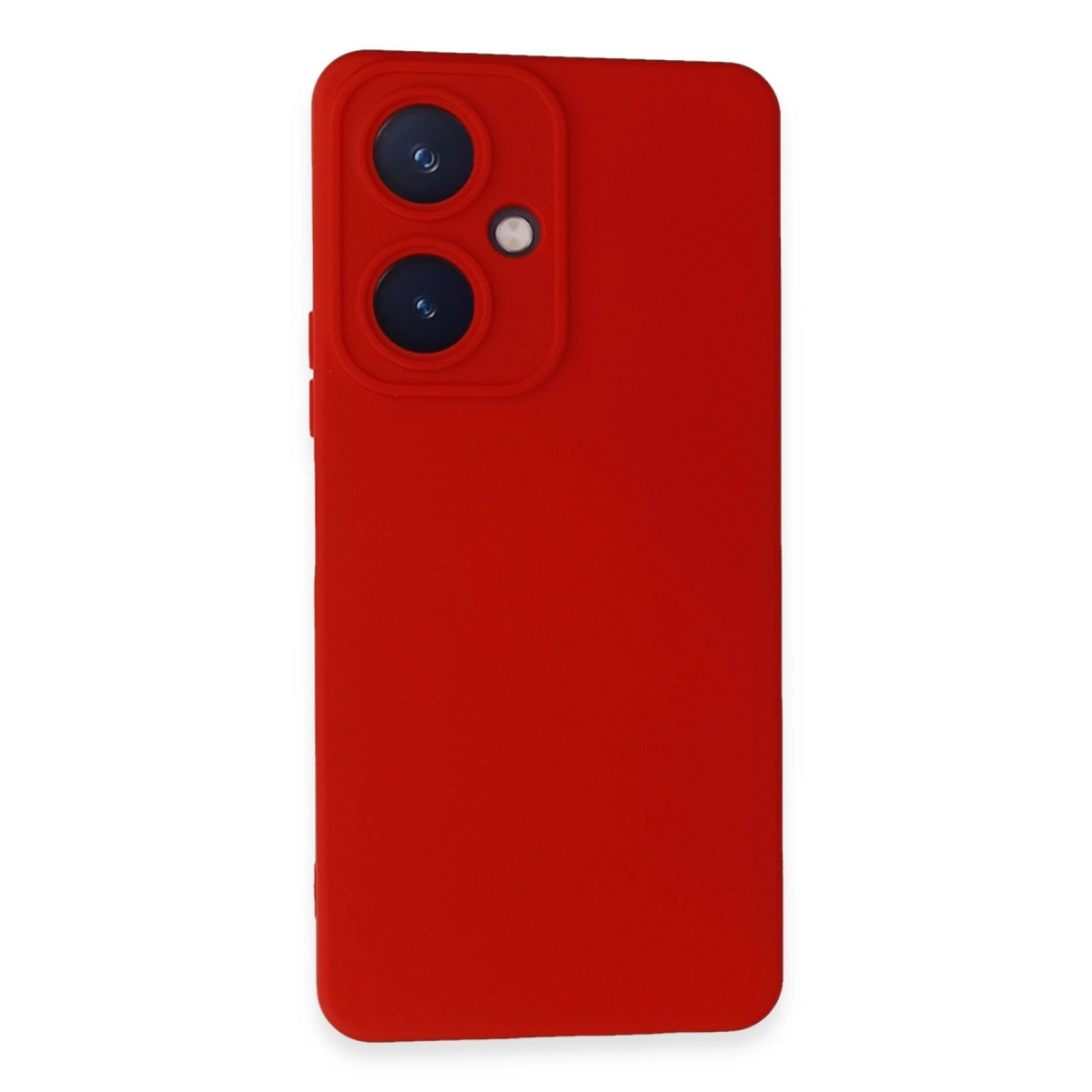 İki lens ve flaş gösteren dikdörtgen kamera modüllü kırmızı telefon kılıfı.
