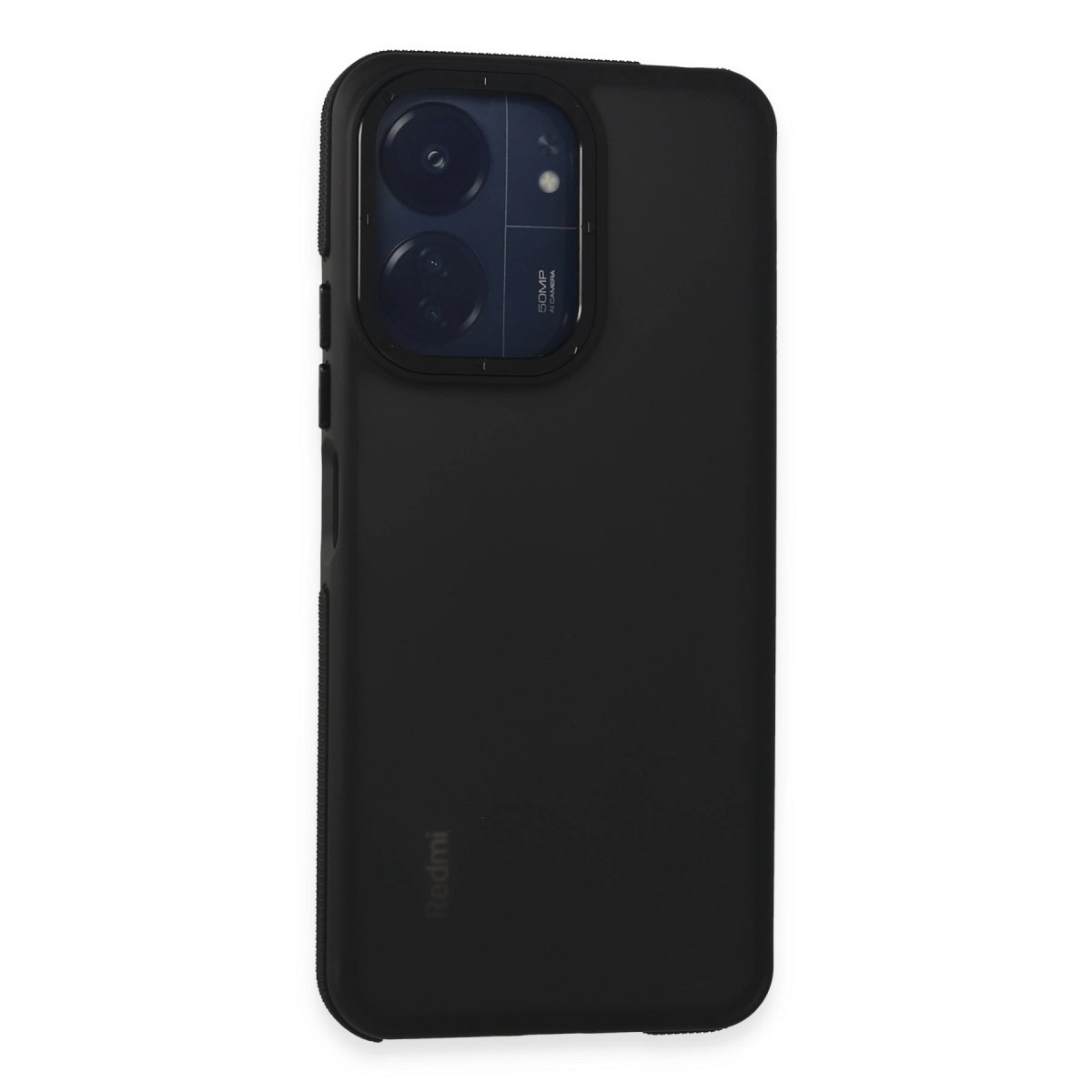 Çift kameralı siyah telefon kılıfı ve "Redmi" logosu.