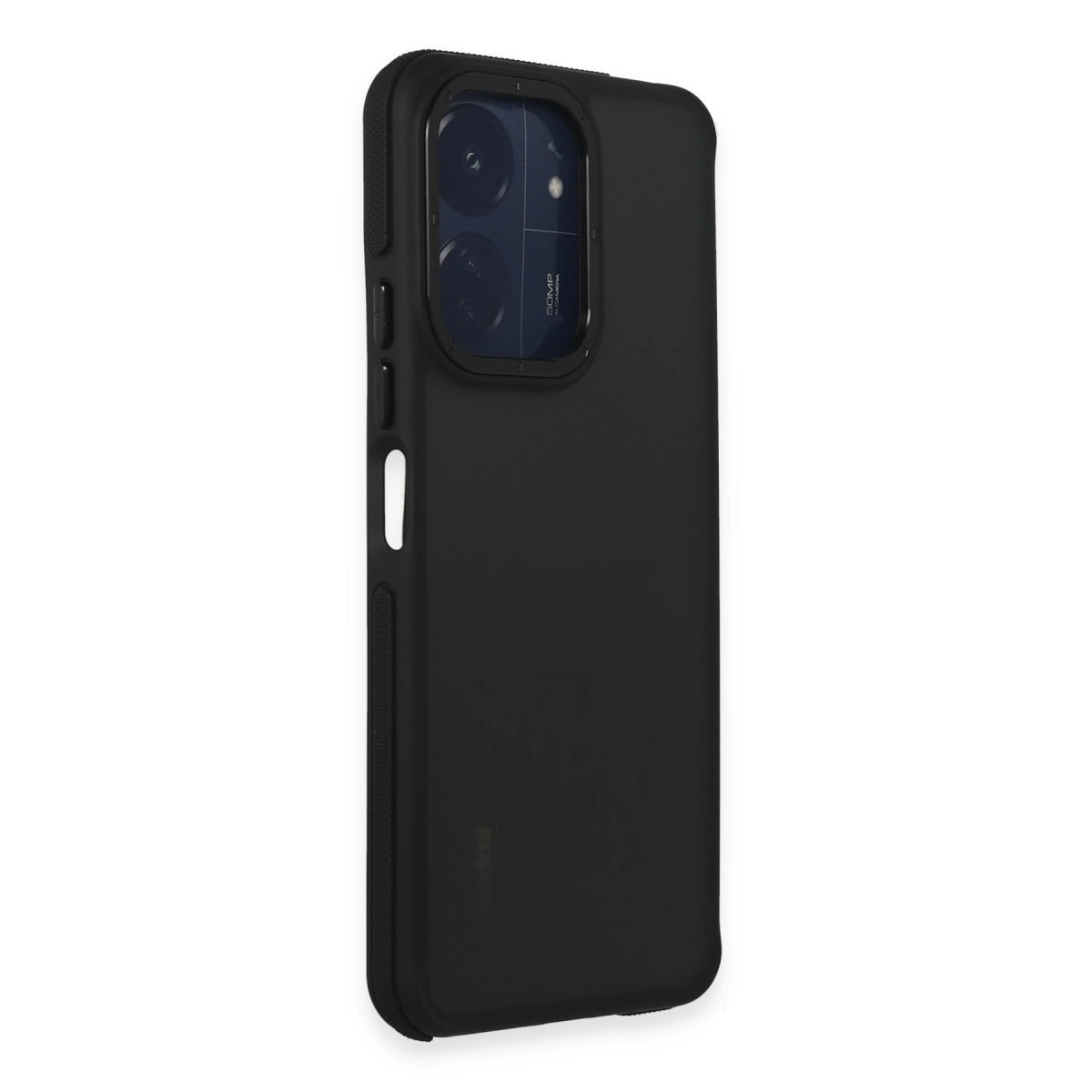 Beyaz arka plan üzerinde kamera modüllü siyah telefon kılıfı.