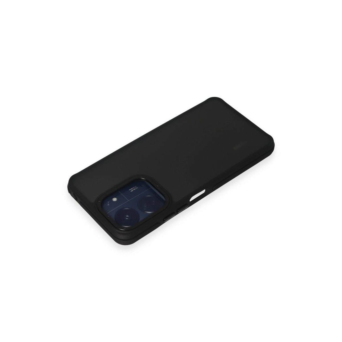 Beyaz arka plan üzerinde kamera lensli siyah telefon kılıfı.