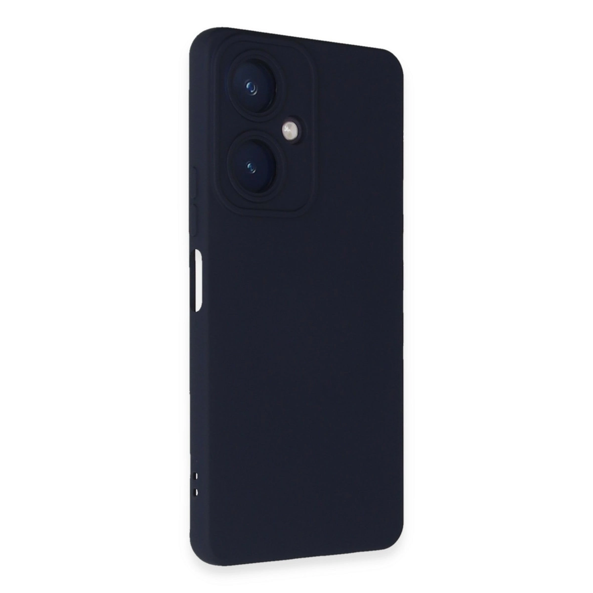 Çift kamera oyuntulu lacivert telefon kılıfı, beyaz arka plan üzerinde.