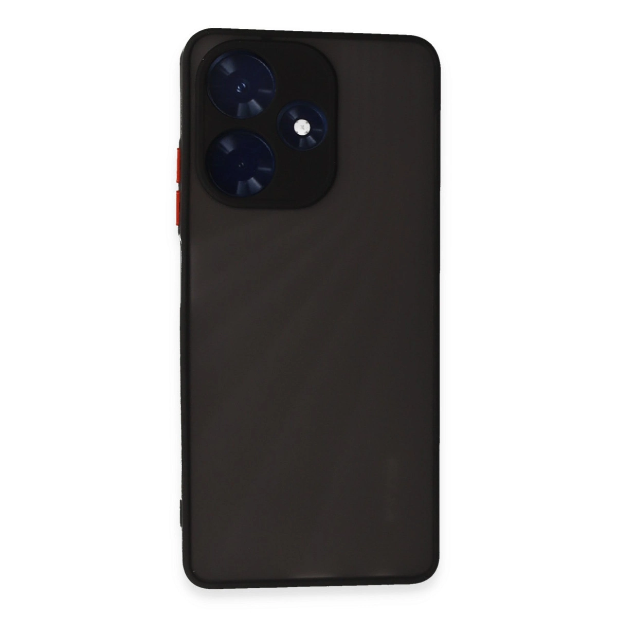 Arkada üç kamera ve kırmızı vurgulu koyu gri akıllı telefon.